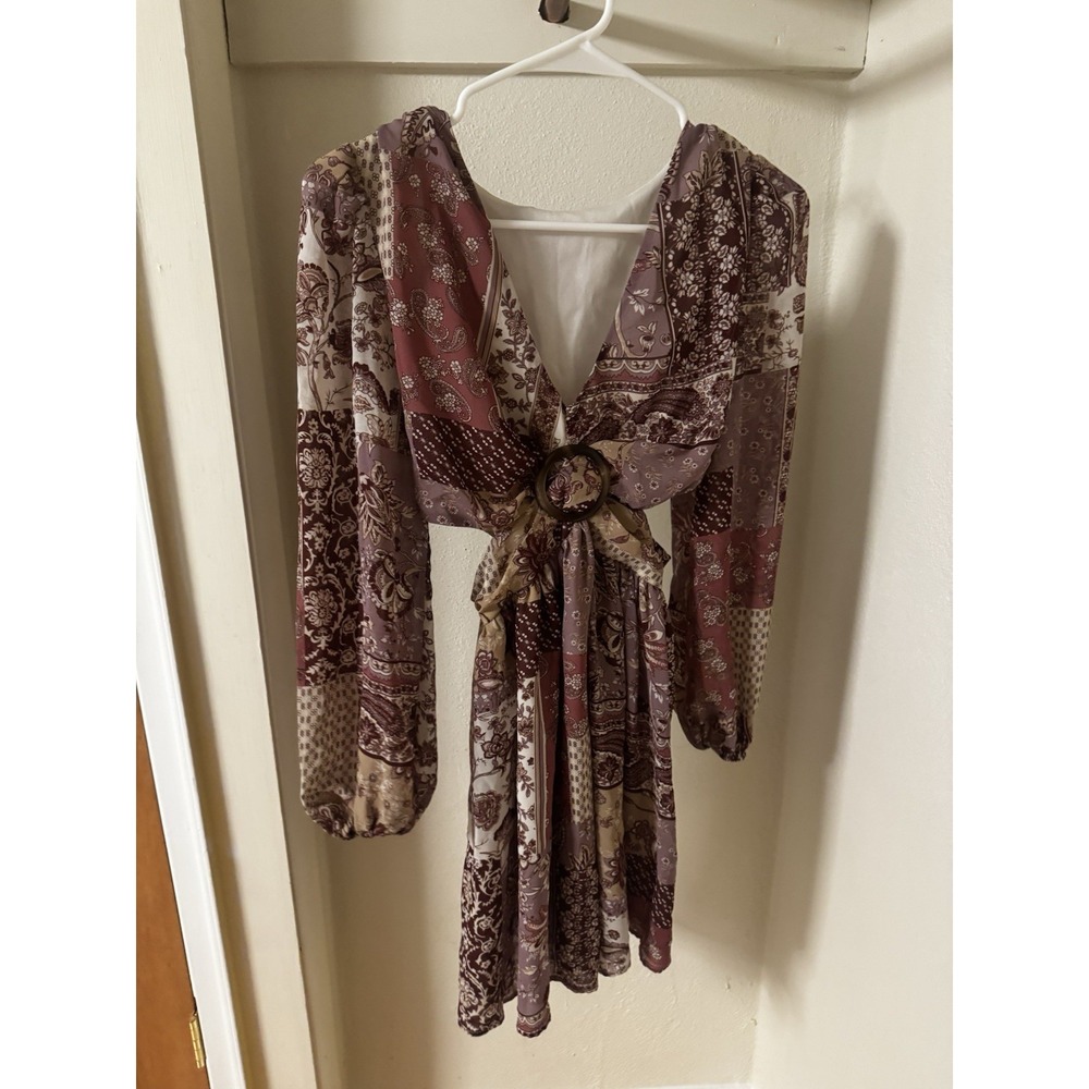 Women's Boho Mini Dress Small Cut Out Patchwork Paisley And Floral Deep Neckline